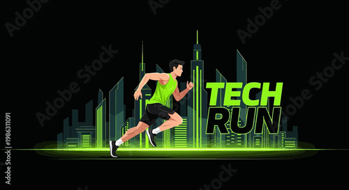 A Futuristic Urban Run Concept Depicting a Runner in Front of a Cityscape