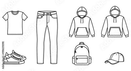 Collection of fashion apparel items displayed as simple line drawings