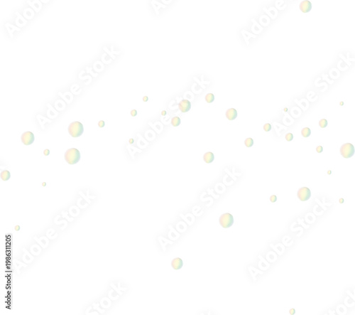 Iridescent floating soap bubbles on a transparent background. Clear shiny water spheres with rainbow light