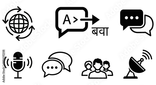 Global communication icons representing various digital language and networking service tools