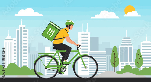 A Courier Delivering Food on a Bicycle in an Urban Setting during a Sunny Day