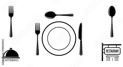 Various black and white dining utensils arranged around a plate