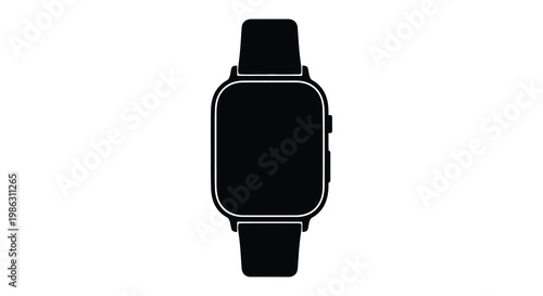 A black and white silhouette of a modern smartwatch with a strap
