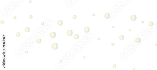 Scattered transparent soap bubbles with iridescent colors. Floating clear water spheres isolated on a background