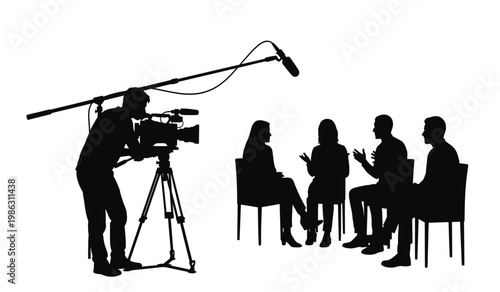 A film crew operates a camera and microphone facing seated individuals in a modern setting a striking silhouette high quality professional detailed elegant stylish