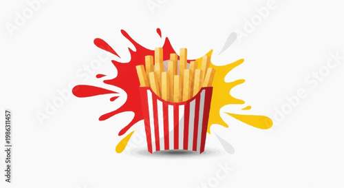 A colorful illustration of french fries in a red and white striped container with vibrant splatters