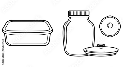 Outline illustration showing a food storage container and glass jar
