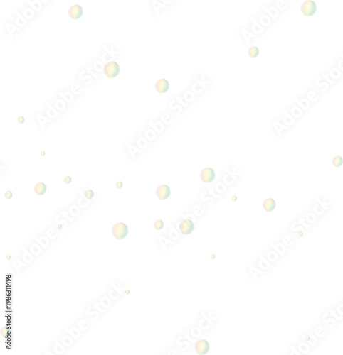 Scattered soap bubbles with rainbow reflections. Floating transparent water drops overlay