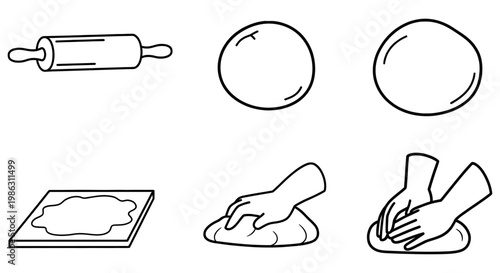 Set of hand drawn dough preparation steps for baking bread