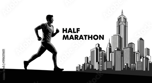 A Marathoner Runs in the City, Silhouetted Against a White Background, Monochrome Style