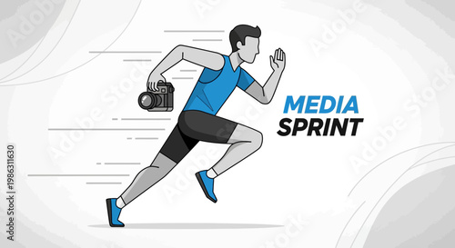 A Dynamic Visual Illustrating Media Sprint, a Photographer Running with a Camera, Speed.
