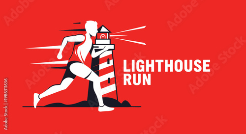 A Modern Graphic Illustrating A Coastal Lighthouse Run In Bold Red And White Colors