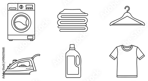 Simple outline icons illustrating various household laundry and clothing care tasks