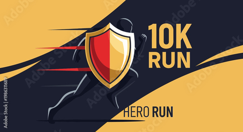 A Energetic 10K Run Flyer Featuring A Superhero With Golden Shield And Dynamic Lines
