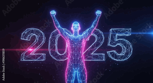 A Person Celebrates The Futuristic Neon Year Of 2025 With Joyful Arms Raised Up