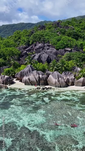 Seychelles Skyline At La Digue Island In Victoria Seychelles. Indian Ocean Beach. Africa Background. La Digue Island At Seychelles. Tourism Landscape. Nature Seascape. Outdoors Travel.