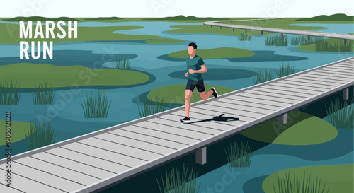 A Person Running on Wooden Bridge Through a Marshy Area in Illustrative Style