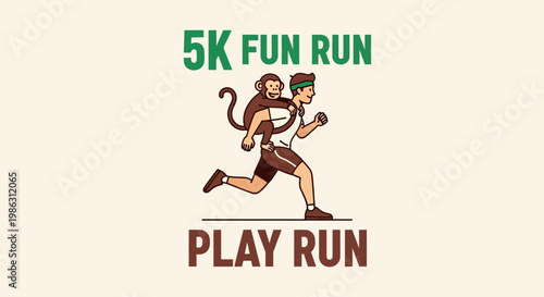 A Playful 5K Fun Run Concept Depicting a Man Carrying a Monkey on His Back Running