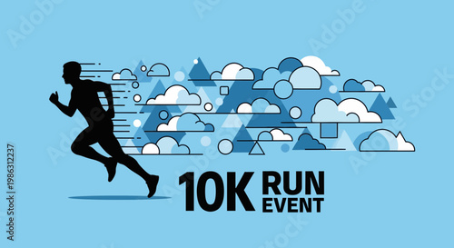 A Silhouette Runner In Motion, Participating In A 10K Run Event With Cloud Background