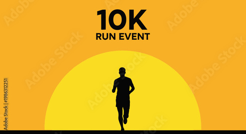A Silhouette Runner In Motion, Participating In a 10K Run Event Against a Yellow Background