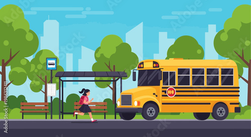 A Student Rushing to Catch the School Bus at the Bus Stop on a Sunny Day