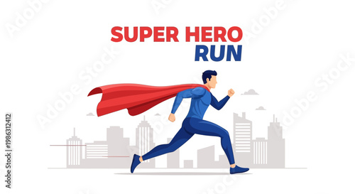 A Superhero Galloping With A Red Cape During A Fast Run Across A City