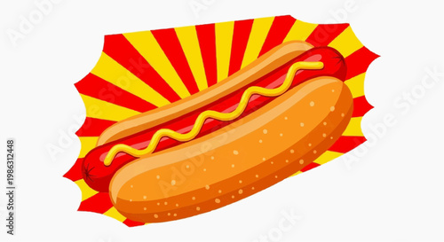 A colorful illustration of a hot dog with ketchup and mustard on a bun with a red and yellow sunburst background