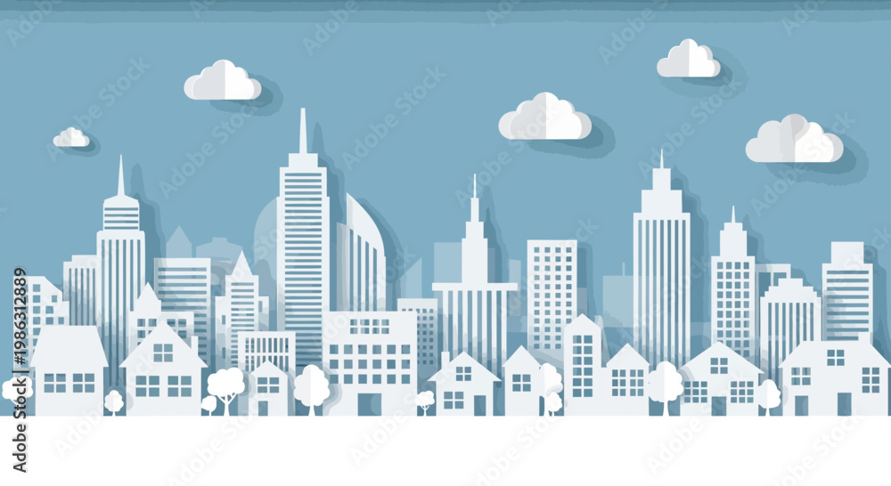 Fototapeta premium Abstract Paper Cityscape Depicting Buildings, Clouds, and Urban Landscape Scenery Design