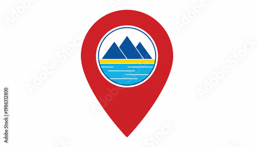 Free Download Map pin icon with mountain landscape graphic and blue sea waves in a circular badge design featuring navigation, travel, tourism with peaks and ocean - GFXLoad