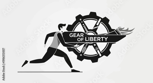 Abstract Human Figure Engaged With Symbolic Gear Of Liberty And Torch