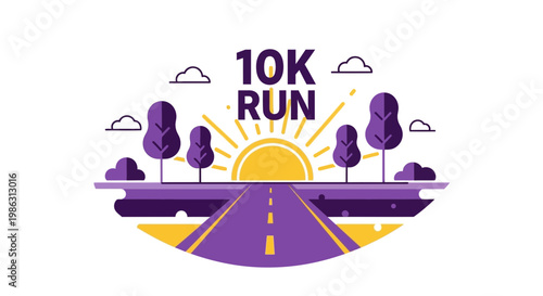 Abstract Illustration Depicting a 10K Run on a Scenic Road Through Nature at Sunrise