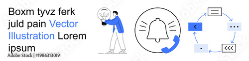 Communication systems, innovation, workflow diagrams, alerts, brainstorming, digital processes. Person holding a light bulb, bell icon with phone flowchart. Innovation and communication systems