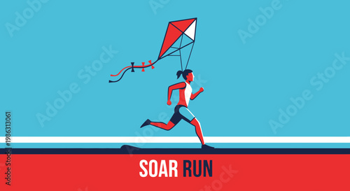 Abstract Illustration Of A Person Soaring And Running With Kite In Minimalist Style