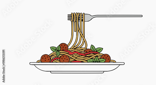 A vector graphic illustration of a plate of spaghetti with meatballs and a fork
