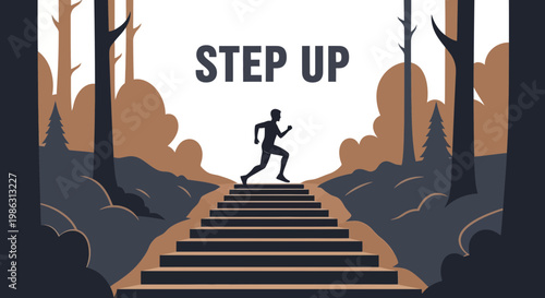 Abstract Silhouette Illustration Depicting Motivation and Determination on Forest Stairs