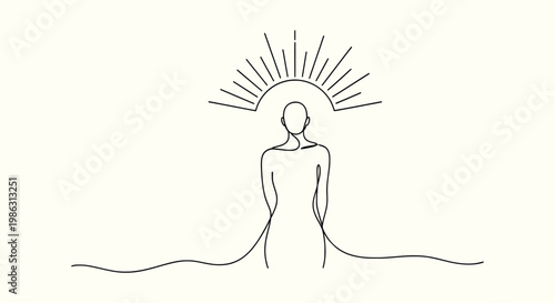 One line drawing of human silhouette with sun halo minimalist spiritual wellness concept background
