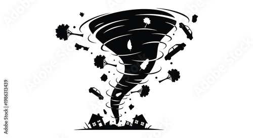 A black and white illustration depicts a powerful tornado destroying a town