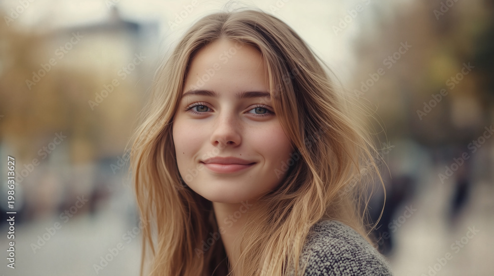 Obraz premium Generative AI illustration of a beautiful young woman with long blonde hair smiling outdoors, realistic female portrait