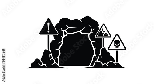 A black and white illustration of a dangerous cave entrance with warning signs