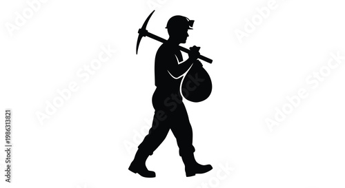 Silhouette of a miner carrying a pickaxe and a bag over his shoulder