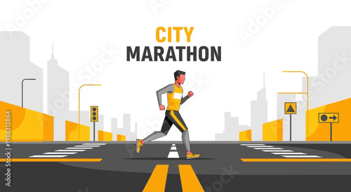 Active Person Running In City Marathon With Urban Background And Road Signs
