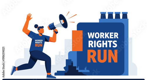 Activist Leading Workers' Rights Campaign With Megaphone Near A Factory Structure