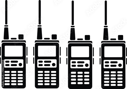 Vector walkie talkies, handheld radios, communication devices, black icons