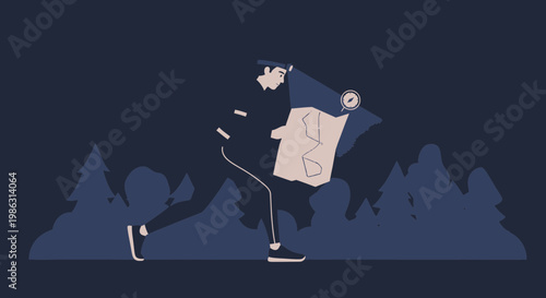 Adventurer Using Illuminated Map And Compass For Guidance Through The Dark Night
