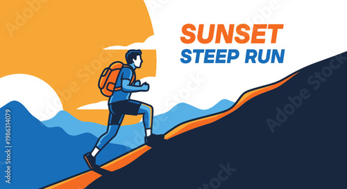 Adventurous Hiker Conquering a Steep Ascent During a Vibrant Sunset Run