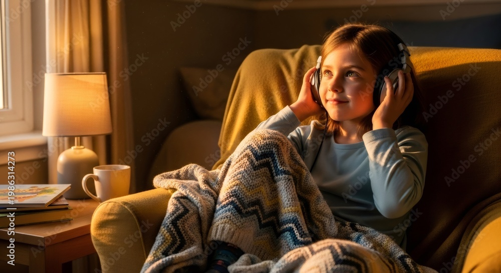 Obraz premium Little girl in headphones listening to music, relaxing, sitting in armchair with blanket. Child enjoying calm moment at home concept.