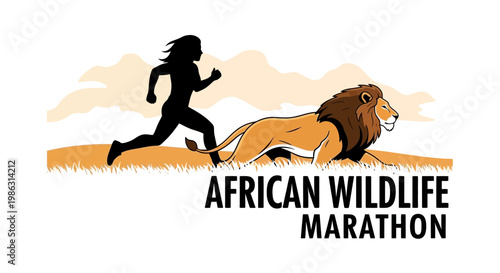 African Wildlife Marathon Runner Chasing Lion Illustration Event Logo