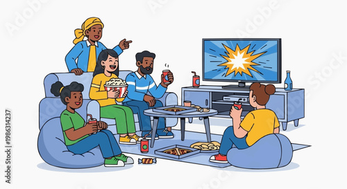 A group of friends enjoying a movie night together in a cozy living room with snacks and drinks