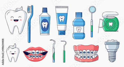 A colorful illustration of various dental care items and teeth