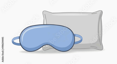 A vector graphic illustration of a blue sleep mask and a gray pillow on a white background